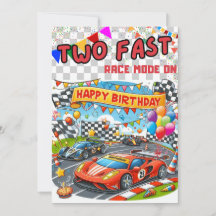Kids birthday invitation: Two fast, cars race, QR