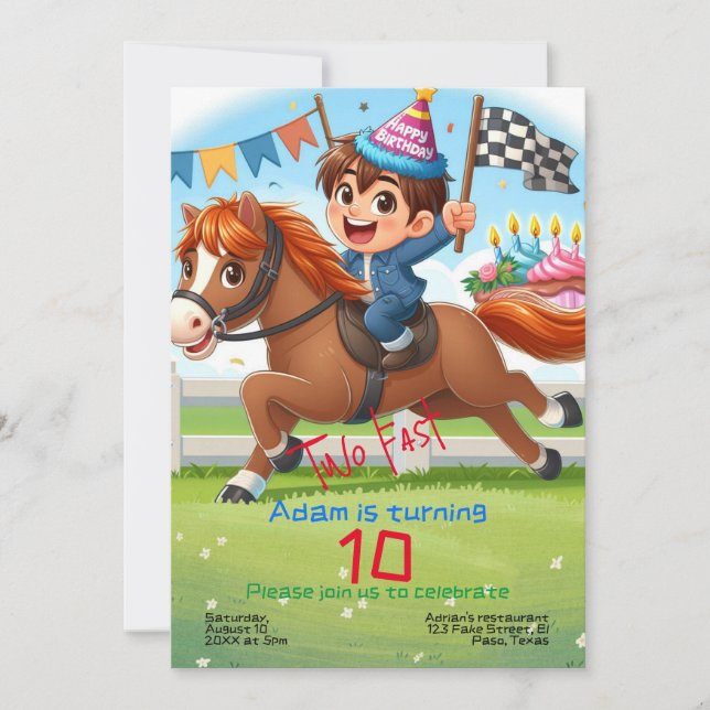 Kids birthday invitation: Two fast, horse, QR Invitation (Front)
