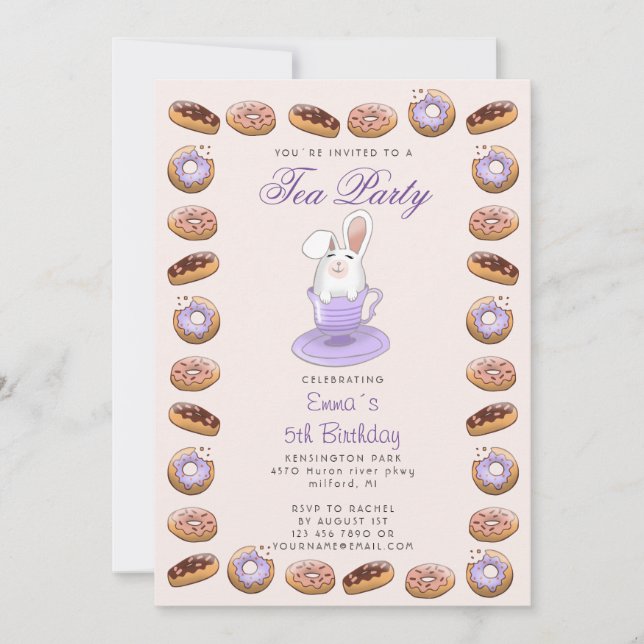 Kids birthday invitation with doughnuts and bunny (Front)