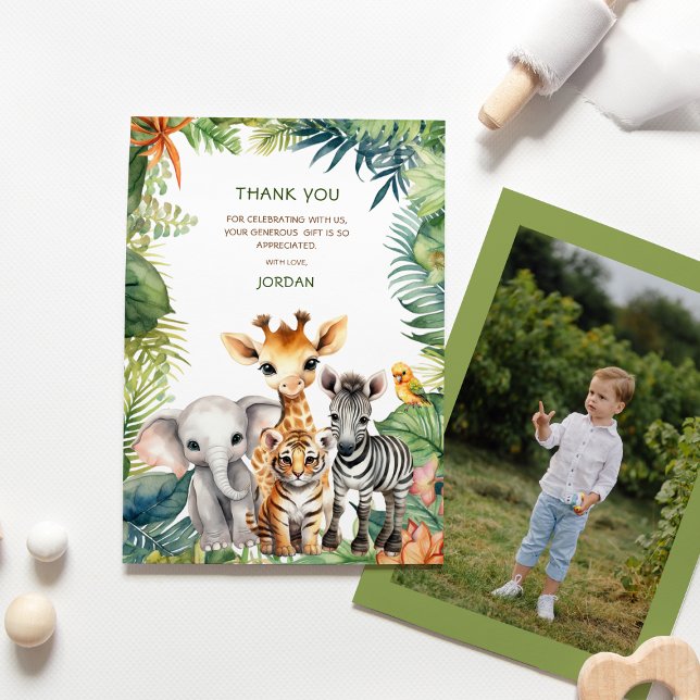 Kids Birthday Jungle Safari Animals for Boy Photo Thank You Card (Creator Uploaded)