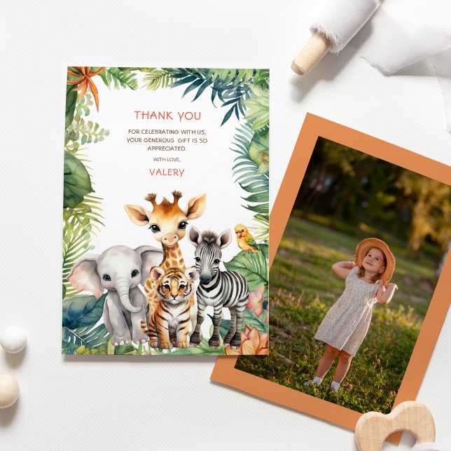 Kids Birthday Jungle Safari Animals for Girl Photo Thank You Card (Creator Uploaded)