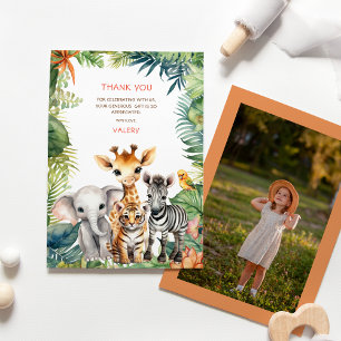 Kids Birthday Jungle Safari Animals for Girl Photo Thank You Card