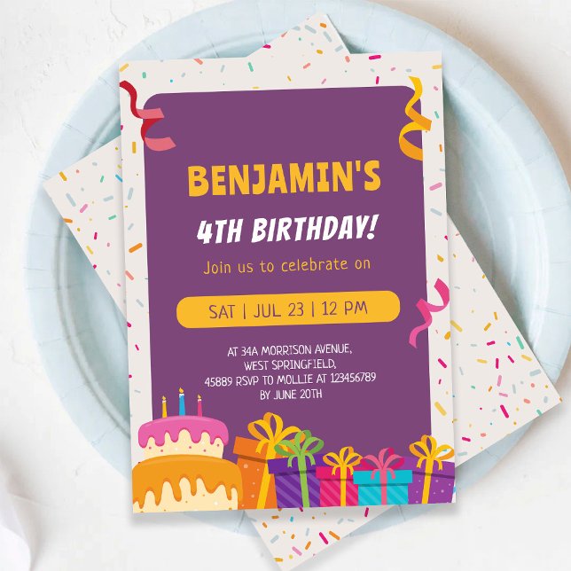 Kids Birthday Party Cake And Gifts Design Birthday Invitation (Creator Uploaded)