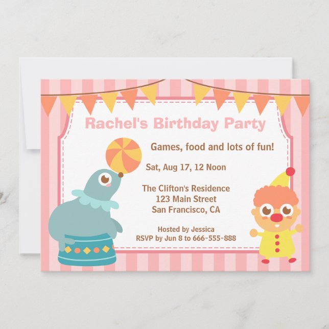Kids Birthday Party - Circus Clown and Sea lion Invitation (Front)