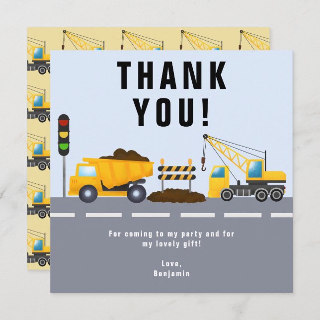 Kid's Birthday Party Construction Truck Thank You Card (Front/Back)