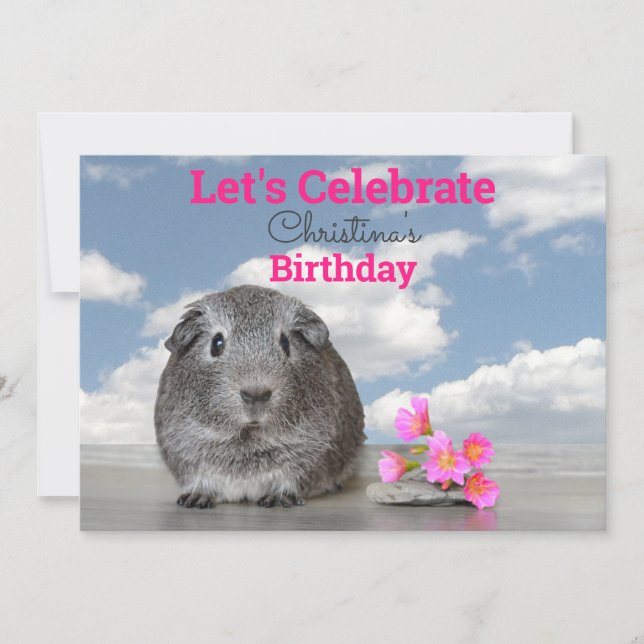 Kid's Birthday Party Cute Guinea Pig Pink Flowers Invitation (Front)