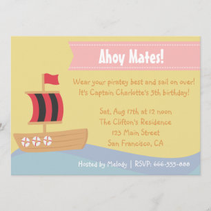 Kids Birthday Party: Cute Pirate Girl Theme Invitation