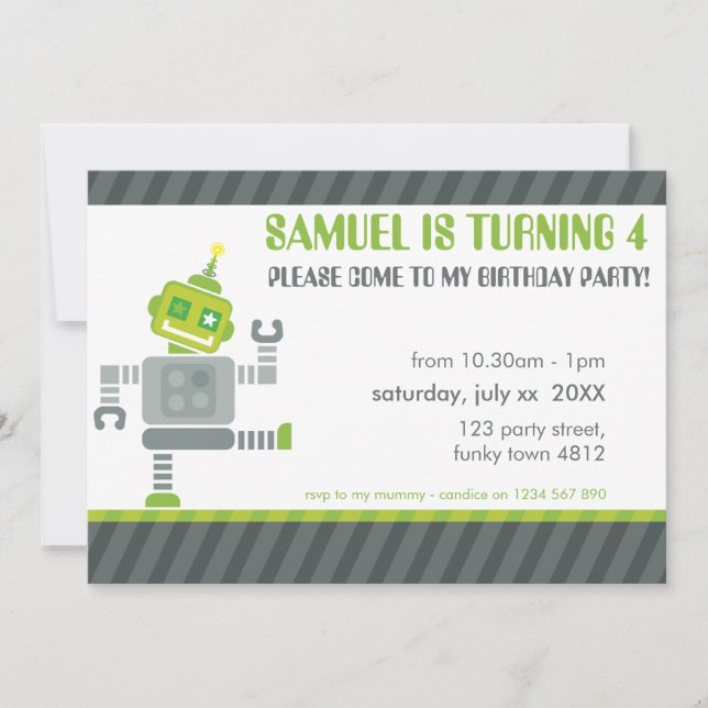KIDS BIRTHDAY PARTY INVITE cute dancing robot (Front)