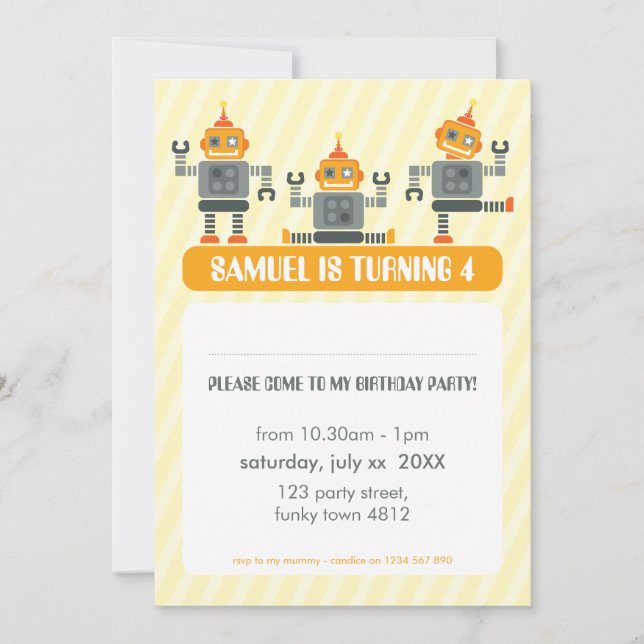 KIDS BIRTHDAY PARTY INVITE modern robot trio (Front)