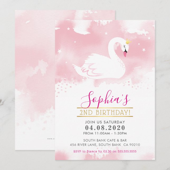 KIDS BIRTHDAY PARTY INVITE swan princess gold pink (Front/Back)