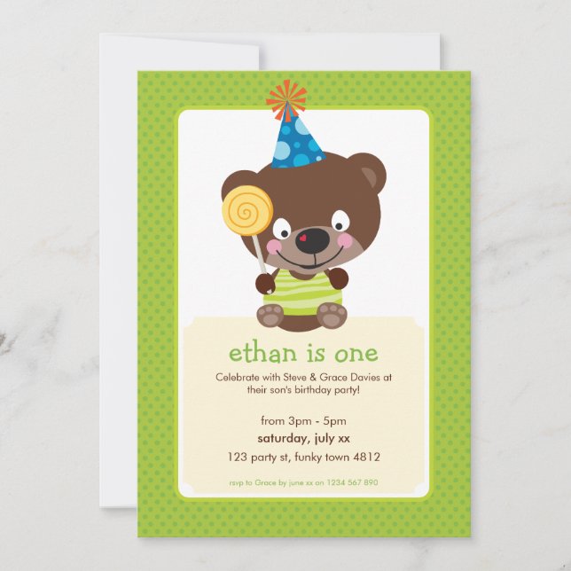 KIDS BIRTHDAY PARTY INVITE teddybear lollipop (Front)