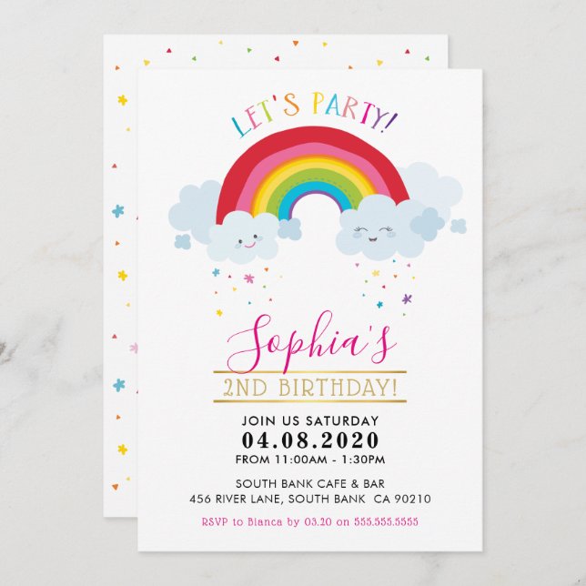 KIDS BIRTHDAY PARTY kawaii rainbow cute clouds Invitation (Front/Back)