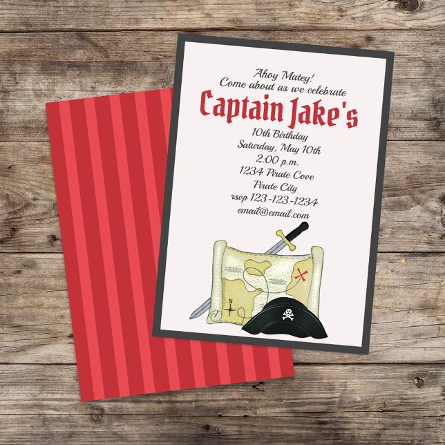 Kids Birthday Party Pirate Map Whimsical Cute Invitation (Pirate custom birthday party invitation template.)