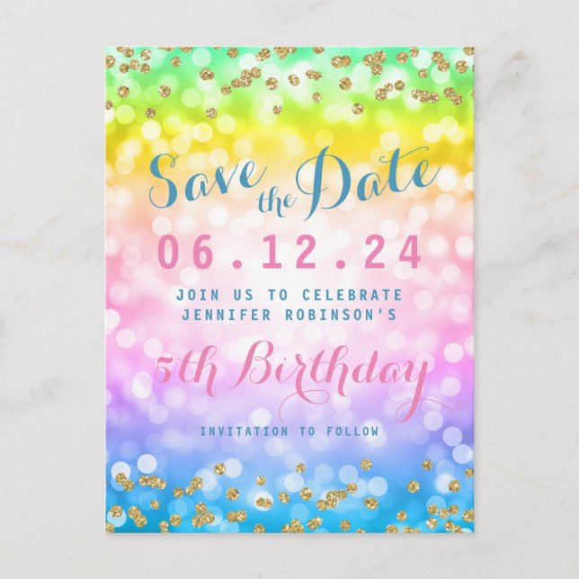 Kids Birthday Party Save The Date Unicorn Rainbow Announcement Postcard (Front)