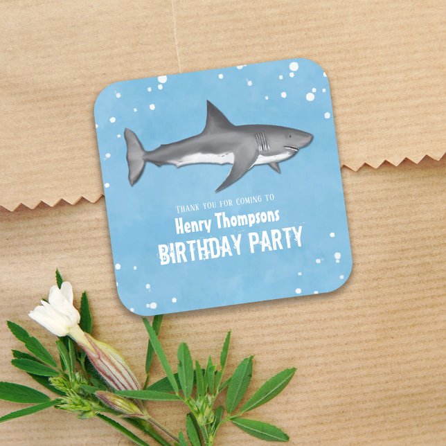 Kids Birthday Party Watercolor Sharks Custom Square Sticker (Creator Uploaded)
