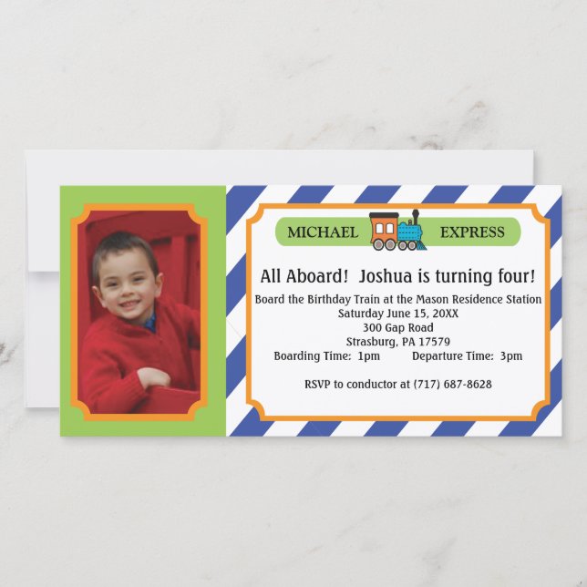 Kids Birthday Photo Train Ticket - Blue Stripes (Front)