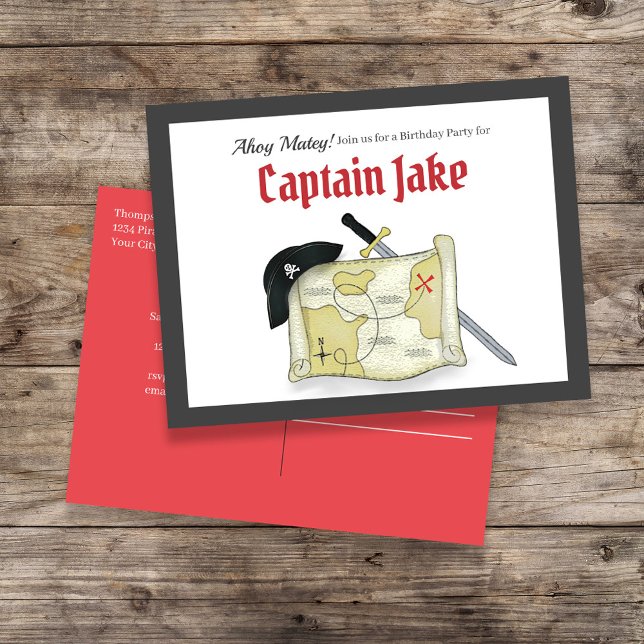 Kids Birthday Pirate Treasure Map Invitation Postcard (Kid's Birthday Party Invitation with Cute Pirate theme. )