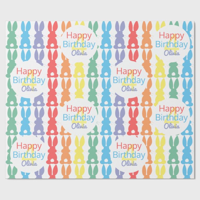 Kids Birthday Rainbow Bunny Pattern Personalised Wrapping Paper (Flat)