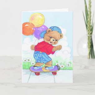 Kid's birthday skateboard bear customisable card