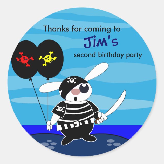 Kids birthday thank You Sticker: Rabbit the Pirate Classic Round Sticker (Front)