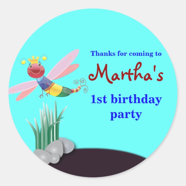 Kids birthday Thank You Stickers: Dragonfly Classic Round Sticker (Front)