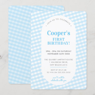 KIDS BIRTHDAY vintage gingham pattern boy blue Inv Invitation