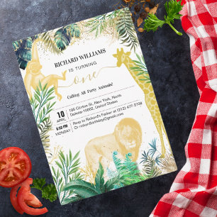 Kids Birthday Wild Animals Jungle Greenery & Gold Invitation