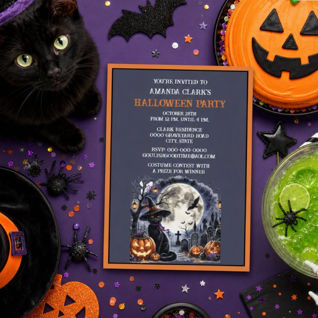 Kids Black Cat Halloween Costume Party  Invitation (Creator Uploaded)