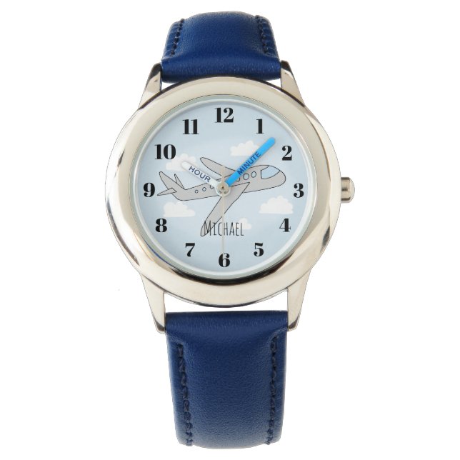 Kids Blue Aeroplane Cartoon and Name Boys Watch (Front)