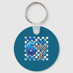 Kids blue checkered i was 6 i'm 7 funny 67 birthda key ring