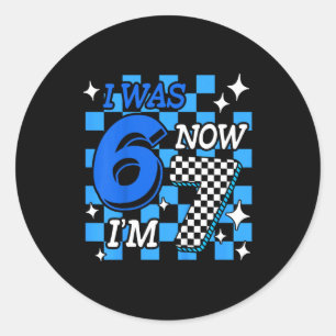 Kids Blue Checkered I Was 6 Now I'm 7 Birthday Boy Classic Round Sticker