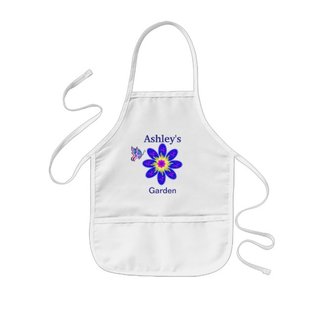 Kid's Blue Flower Garden Apron Personalised Name (Front)