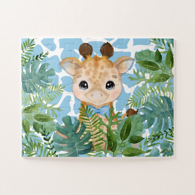 Kids Blue Jungle Giraffe in a Bow Tie Jigsaw Puzzle (Horizontal)