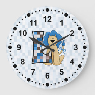 Kids Blue Lion Patchwork Mongoram Letter L Large Clock