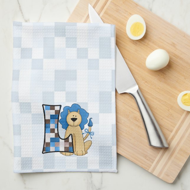 Kid's Blue Patchwork Monogram Letter L Tea Towel (Quarter Fold)