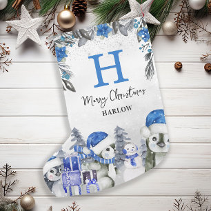 Kids Blue Penguin Monogram Name Small Christmas Stocking