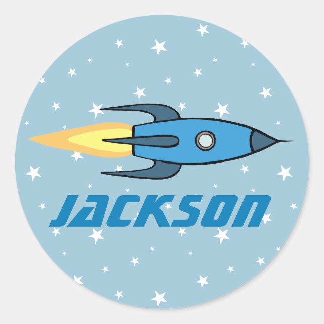 Kids Blue Rocket Ship Outer Space Personalised Boy Classic Round Sticker (Front)