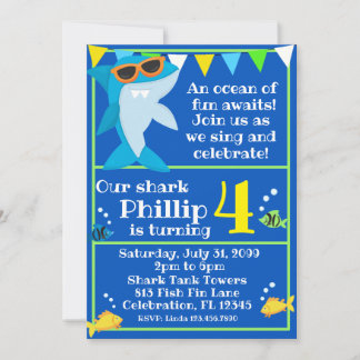 Kids Blue Shark Fintastic Birthday Invitation