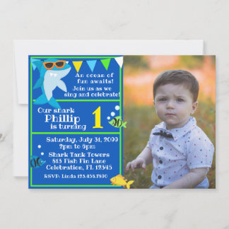 Kids Blue Shark Fintastic Birthday Photo Invitation