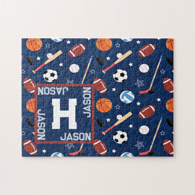 Kids Blue Sports Equipment Pattern Jigsaw Puzzle (Horizontal)