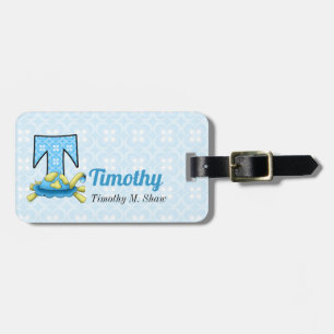 Kids Blue Turtle Monogram T Luggage Tag