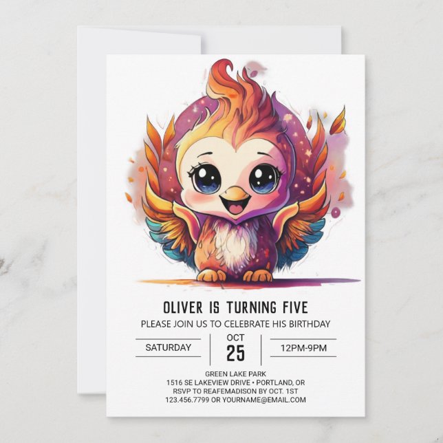 Kids Boho Phoenix Watercolor Birthday  Invitation (Front)