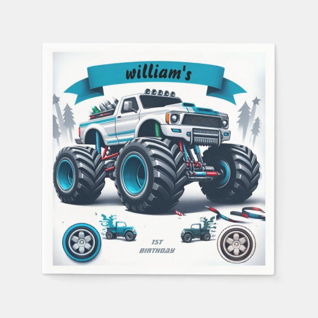 kids boy cars cool monster truck 1st birthday napkin (Front)