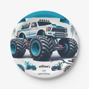 kids boy cars cool monster truck 1st birthday paper plate