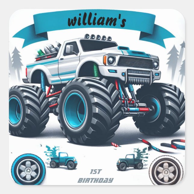 kids boy cars cool monster truck 1st birthday square sticker (Front)