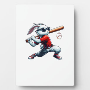 Kids Boys Happy Easter Bunny Playing Baseball East Plaque