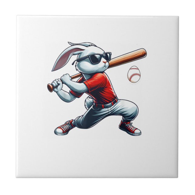 Kids Boys Happy Easter Bunny Playing Baseball East Tile (Front)