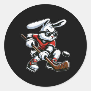 Kids Boys Happy Easter Bunny Playing Hockey Easter Classic Round Sticker