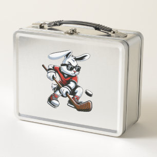 Kids Boys Happy Easter Bunny Playing Hockey Easter Metal Lunch Box