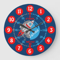 Kids boys learn to tell time blue red space clock